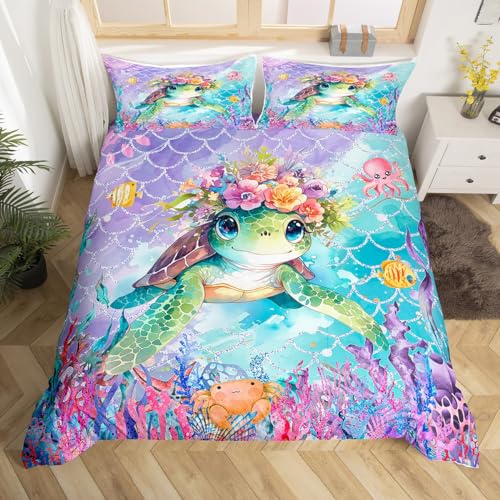 Feelyou Sea Turtle Bedding Set Twin Size Animal Blue Coastal Comforter Cover Set for Boys Girls Mermaid Scales Beach Coastal Duvet Cover Breathable Ocean Summer Bedspread Cover Room Decor Quilt Cover