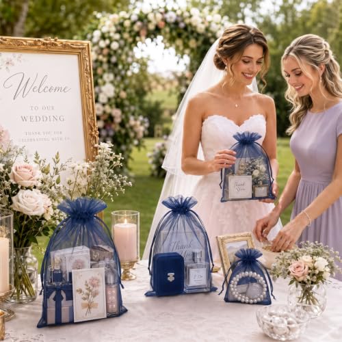 Image of FUNFERY 100PCS Navy Blue Organza Gift Bags 5x7in,Drawstring Jewelry Pouch