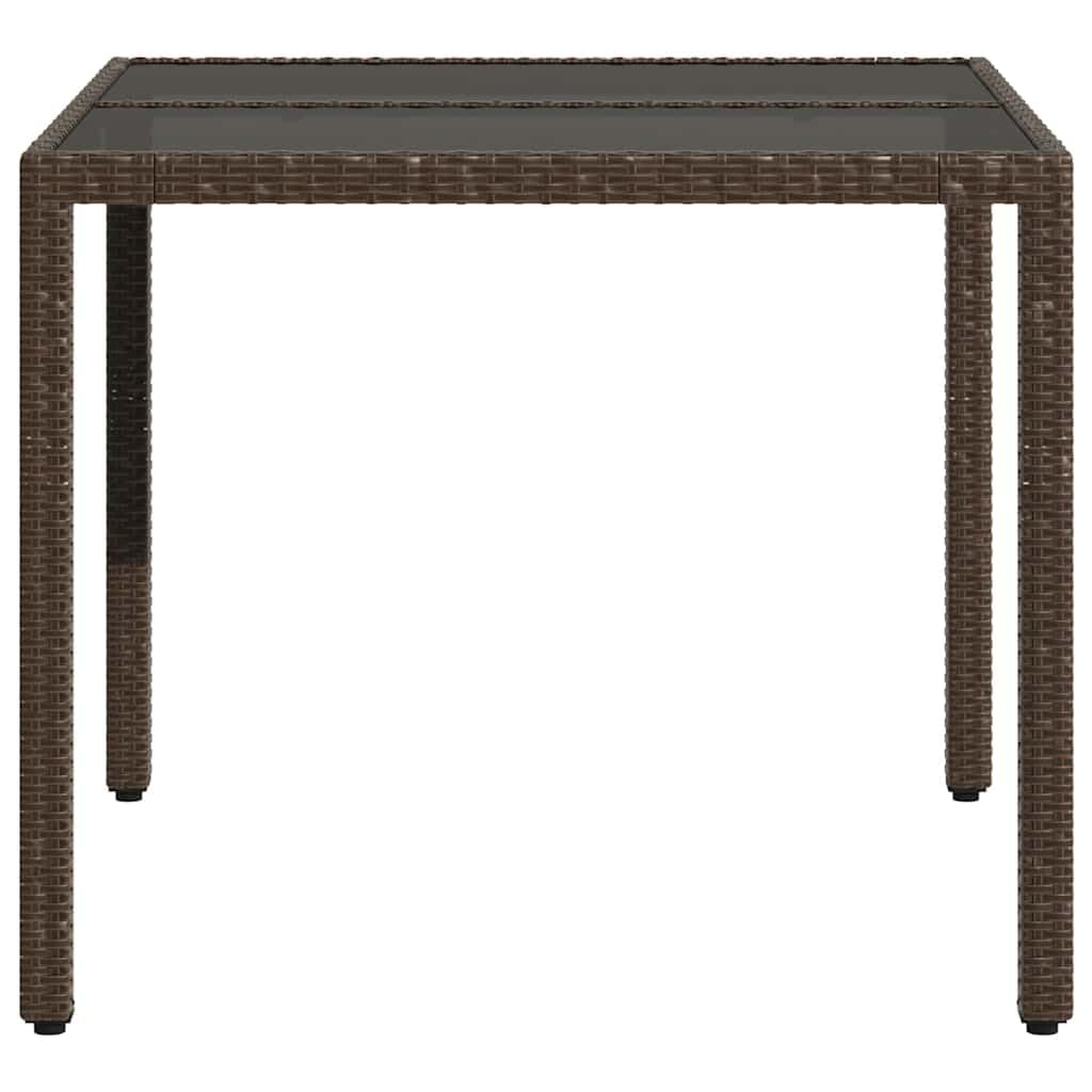 Mesa de jardín con tablero de cristal marrón, 90 x 90 x 75 cm, polirratán, polietileno, para exteriores, para terraza, muebles de jardín, marco de acero, duradera, resistente a la intemperie