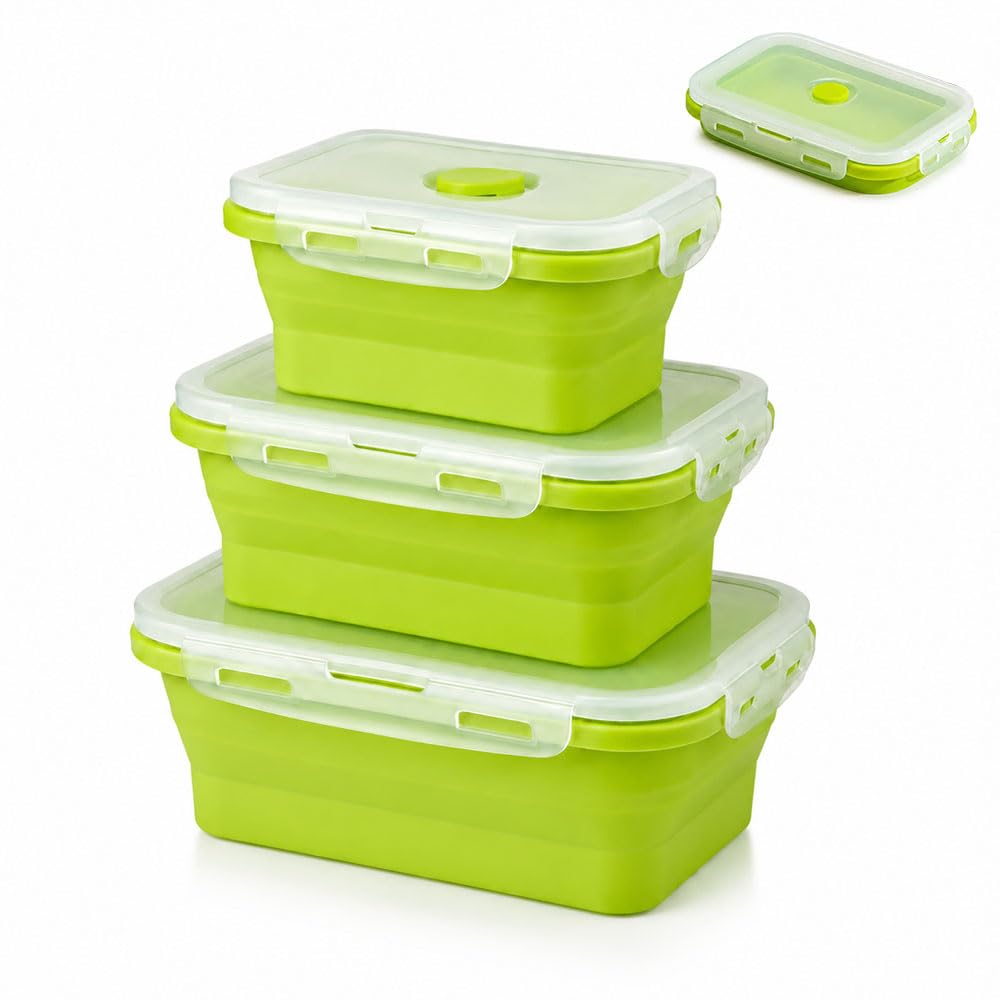 3 Pezzi Contenitori Pieghevoli per Alimenti 300/500/800 ML,Contenitori Alimenti Silicone con Coperchio, Contenitore Pranzo Ufficio,Schiscetta Porta Pranzo Ermetico per Picnic, Campeggio, Scuola