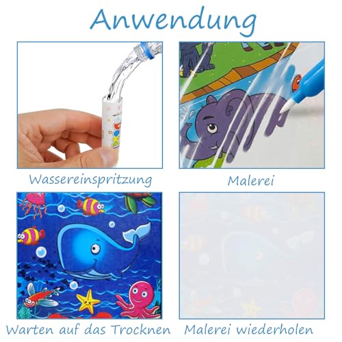 Nurila Wassermalbuch 4 Stück mit 4 Wasserstifte, Wasser Malbuch, Magic Water Colouring Book, Wassermalbuch ab 2 3 4 5 6 für Reisen, Puzzle, Frühpädagogik, Malen, Graffiti