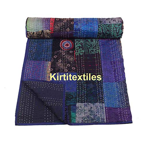 Image of Silk Hand Made Design Kantha Quilt Blanket, Bed Cover, Bedspread (Size 90 inch X 108 inch) - Multicolour