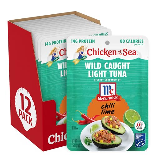 Chicken of the Sea Lightly Seasoned Chili Lime Wild Caught Light Tuna, 2.5 Ounce Packets, 12-Count – McCormick Flavored High Protein Tuna in Water – Easy, Delicious, Nutritious Ready to Eat Meals