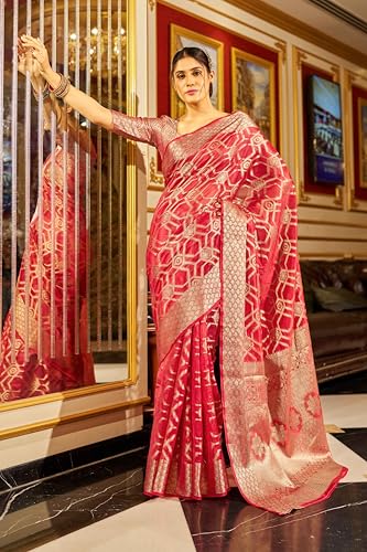 Image of SWORNOF Women's kanjivaram banarasi silk saree Zari Woven for festival Wedding silk with rich pallu Design sarees for women with Unstitched blouse piece