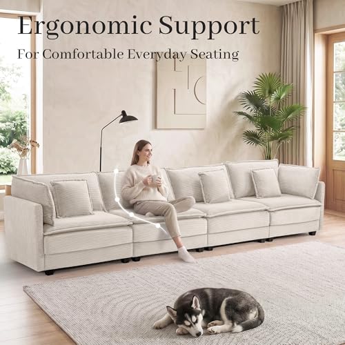 Image of Corduroy Sectional Couch, 4 Seater 149.2 inch Cloud Couch, Modular Deep Seat Sofa with Pillows for Living Room, Apartment, Beige