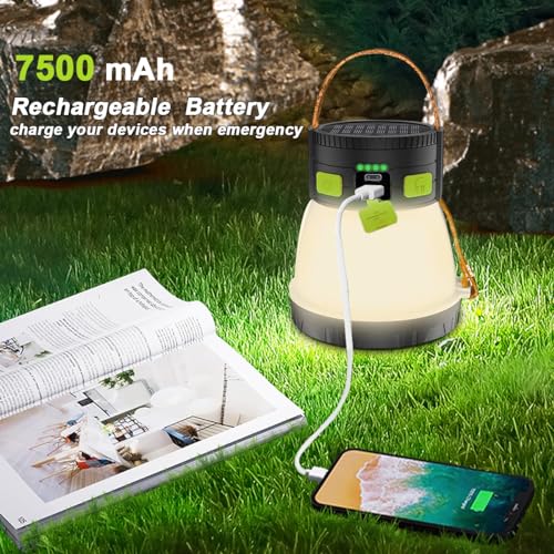 LED Camping Lantern, 1500 Lumens Camping Lantern Rechargeable with Solar Panel Charging, Waterproof, 8 Light Modes, 7500mAh Power Bank, Camping Flashlight for Hurricane Emergency, Hiking, Green&Brown - Image 4
