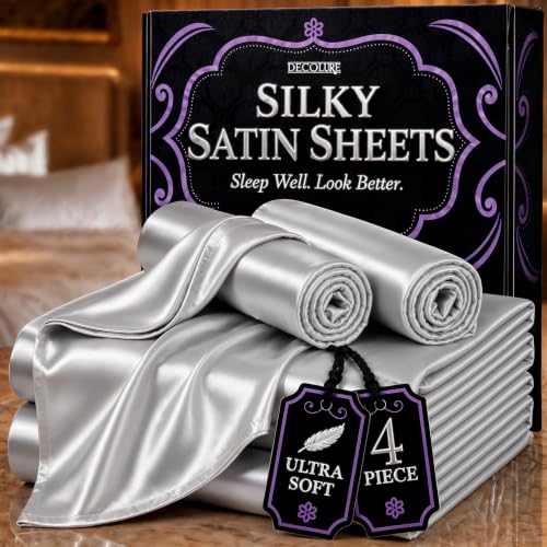 DECOLURE Satin Bed Sheets - 4 Piece Luxury Silky Queen Size Bedding Set - Softer Than Silk, Wrinkle-Free with 15” Deep Pocket Fitted Sheet, Perfect for Hair & Skin, Gifts for Women (Grey)