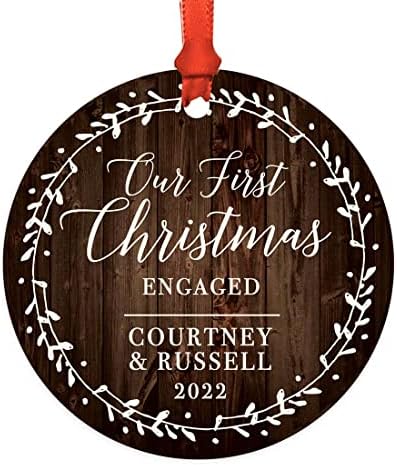 Andaz Press Personalized Wedding Engagement Metal Christmas Ornament, Our First Christmas Engaged, Kate & John 2023, Rustic Wood Florals, 1-Pack, Includes Ribbon and Gift Bag, Custom Name