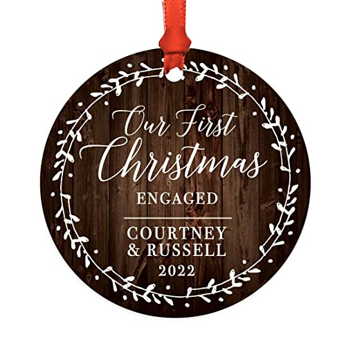 Andaz Press Personalized Wedding Engagement Metal Christmas Ornament, Our First Christmas Engaged, Kate & John 2023, Rustic Wood Florals, 1-Pack, Includes Ribbon And Gift Bag, Custom Name #TOP2