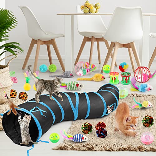Oziral Cat Toys Set 32 Pcs Kitten Toys Assortments Including 2 Way Black Tunnel Cat Feather Teaser Wand Sisal Mice Bell Balls Crinkle Balls Interactive Cat Toys For Indoor Cats Kitten #TOP6