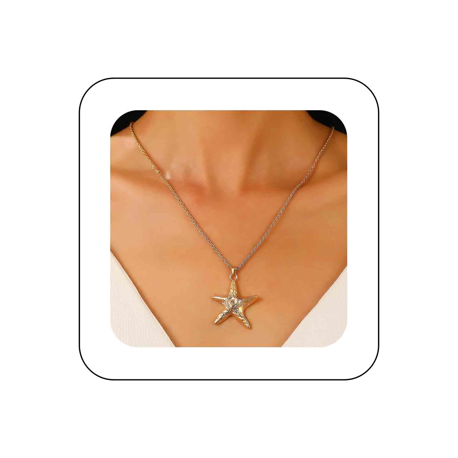 Dervivea Collar bohemio con colgante de estrella de mar grande, gargantilla de estrella de mar, collar de cadena de estrella de mar, collar de estrella dorada, joyería para mujer, Zinc