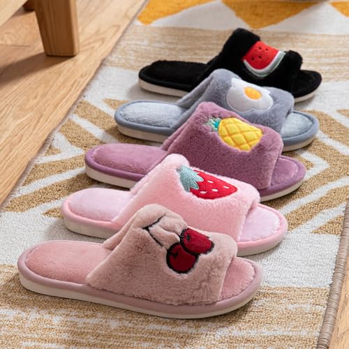 Slippers For Women Indoor,Women's Plush Faux Fur Fuzzy Slide on Open Toe Slipper with Memory Foam Embroidered Strawberry Watermelon Ladies Home Cute Shoes3