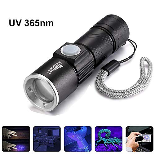 Linterna Ultravioleta Recargable USB Mini Linterna UV LED 365nm, LUXNOVAQ Luz Ultravioleta Portátil UV Luz Negra Zoomable UV Flashlight Detectar Orina de Perros/Gatos y Manchas Secas