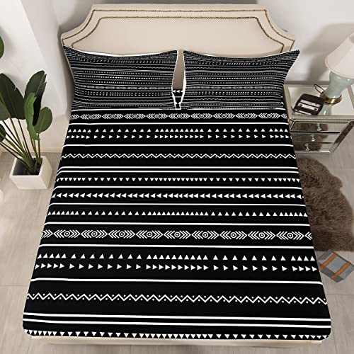 Aztec Bed Sheets Full for Men Women Black and White Geometric Triangle Printed Bedding Sets,Bohemian Striped Ethnic Retro Boho Southwestern Fitted Sheet