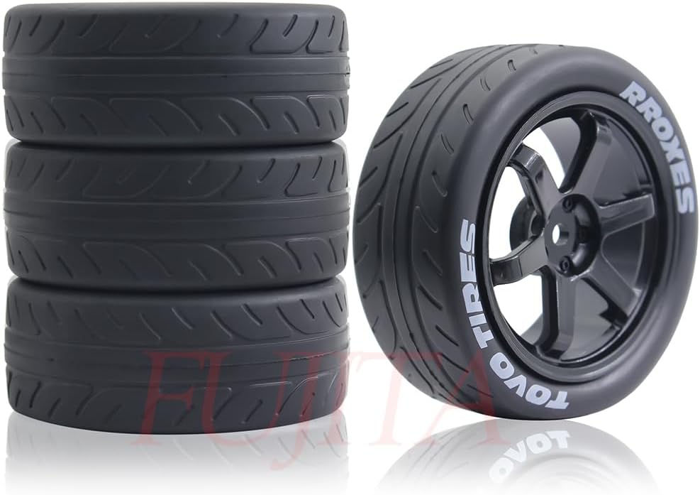 fujita 67mm on Road Rubber Tyres and Rims Drift Tires Wheels 12mm hex for 1/10 RC Rally Car Tamiya XV01 XV02 TT02 TT01 PTG HSP RGT Kyosho（Black）