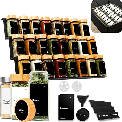 KIVY Drawer Spice Organizer + 24 Jars & 240 Labels