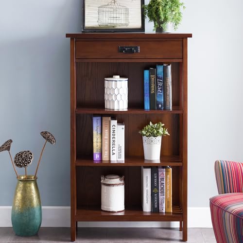 Image of Leick Home 82262 Mission Mantel Height Bookcase with Slatted Sides and Top Drawer, Made with Solid Wood, for Living Rooms, Mission Oak Finish, Brownbronze