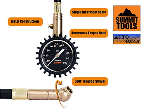 Summit Tools Tire Pressure Gauge with Glow Dial, 0 to 100 PSI, Hold Valve, 10 in. Flexible Hose, Pressure Bleeding Button, Rubber Head Cover. Automobile Accessory