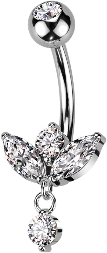 Pierced Owl 14GA 316L Stainless Steel CZ Crystal Marquise with Dangling Gem Belly Button Ring