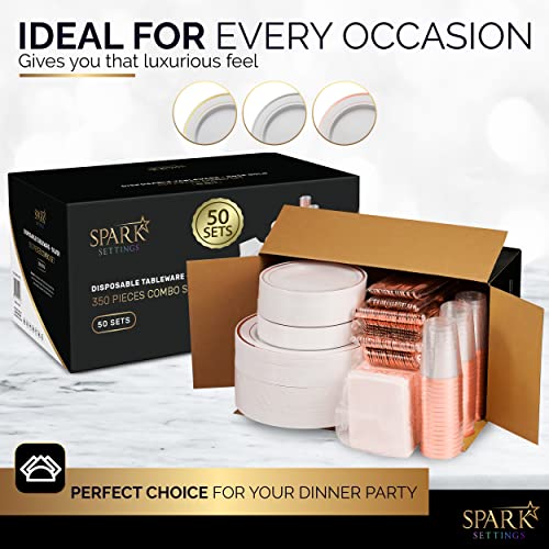 Rose Gold Plastic Plates For Party - Rose Gold Plastic Silverware - 350 Pc Wedding Dinnerware Set 50 Guests, 100 Plastic Party Plates, 50 Cups, 50 Rose Gold Cutlery Sets & 50 Napkins-By Sparksettings #TOP1