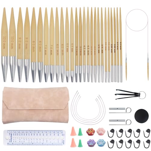 Soleeya 13 Pairs Interchangeable Knitting Needles Set Interchangeable Circular Bamboo Knitting Needles for Beginners 0.12-0.39in Handmade DIY Complete Accessories