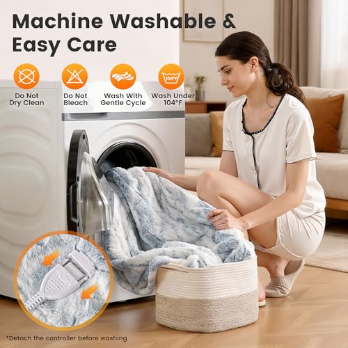 WOOMER Heated Blanket King Size 100" x 90", Electric Blanket with Dual Controllers, 0.5-12 Hours Timer & 10 Heating Levels, ETL Certified, Marble Blue Double-Sided Faux Fur, Machine Washable — view 4