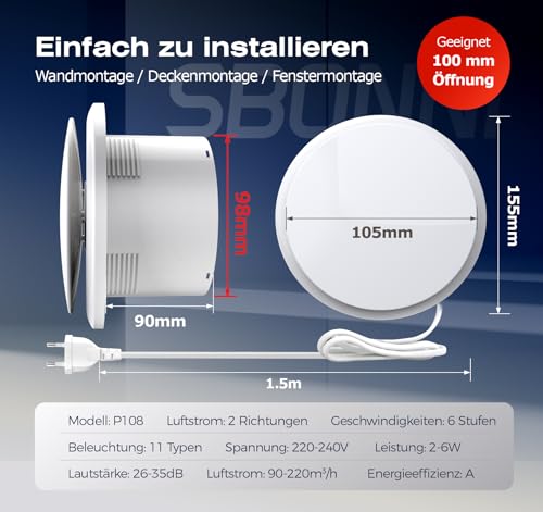 SBONNI Abluftventilator 100mm - 11 Lichteffekte, 2 Richtungen Ventilaton, 6 Geschwindigkeiten, Leiser Badlüfter mit Fernbedienung, Leistungsstarker Lüfter Badezimmer für Bad Küche WC Garage Kelle