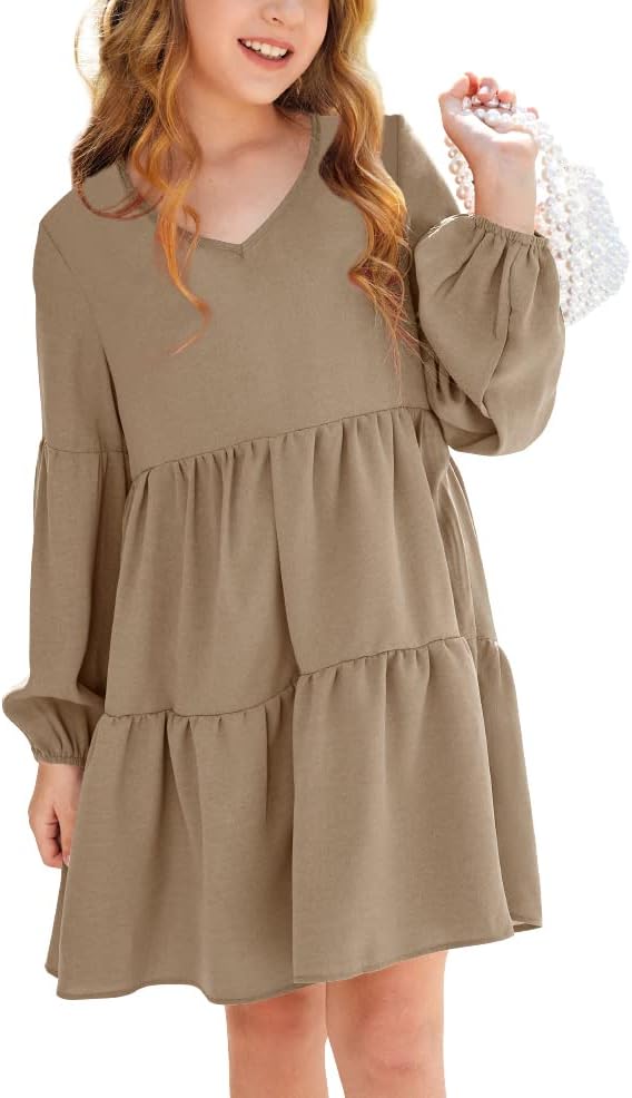 Imily Bela Girls Casual Tunic Dresses V Neck Long Short Sleeve School Party Swing Dress 5-14 Years - Image 3