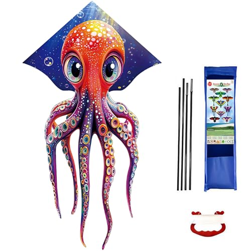 Large Octopus Kite, 98x56inch Single Line Colorful Kite with Long Tail Beginner with Winding Handle and 100m Line Outdoor Beach Park Games Activities