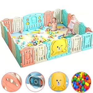 Hukimoyo 16 Panel Playard Playpen for Babies Kids Play Yard with Balls and Mat Gate Playard for Baby Play Area Toddlers Indoor Setup,Kid Toddlers Playpen Baby Fence Upto 4 Yrs (Multicolor, 16 Panel)