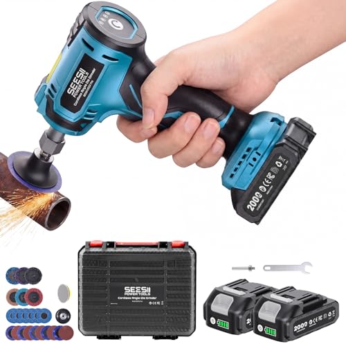SEESII 1/4 Right Angle Die Grinder Kit Cordless Brushless Electric Grinder w/ 2 Batteries & 23PCS 2 Accessories 4-Speed Max 24500 RPM LED Work Light Lightweight for Grinding Deburring Engraving