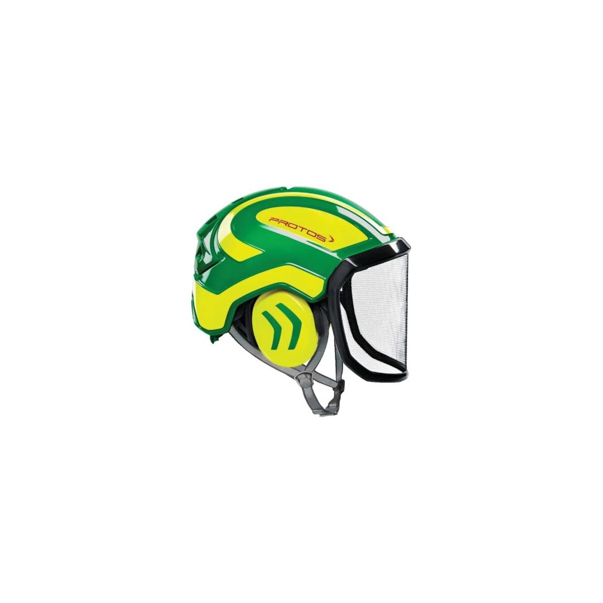 Protos Casco de seguridad integral arborista protección auditiva, equipamiento: visera fina, color: verde/amarillo