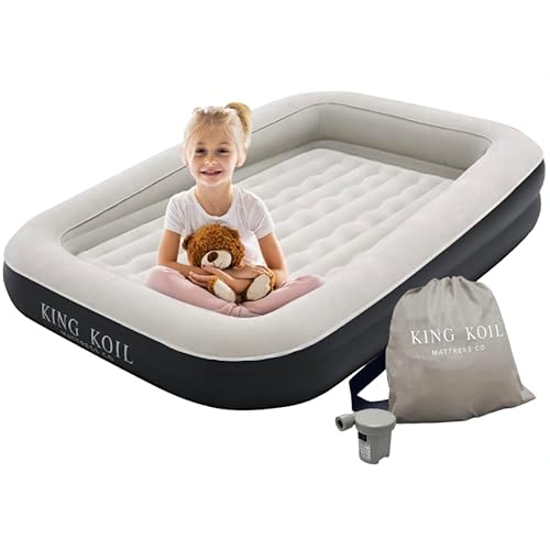 King Koil Premium Inflatable Toddler Travel Bed with Built-in Safety Bumper, Portable Air Mattress Airbed for Kids Travel, Includes High-Speed Pump – Black, 1-Year Manufacturer Warranty