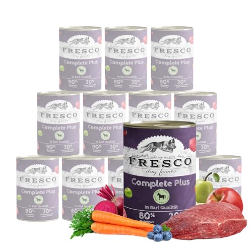 FRESCO Dog Nassbarf Complete Plus Pferd 12x400g | getreidefreies Barf Nassfutter für Hunde | gesund & proteinreich| aus 100% frischem Fleisch, Innereien, Obst und Gemüse | ohne künstliche Zusätze