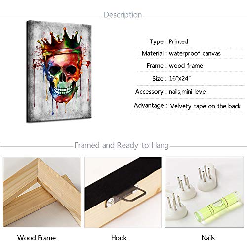 Sechars Modern Painting Wall Art Abstract Skull With Crown Picture Poster Canvas Art Vintage Cool Artwork For Men Boys Bedroom Wall Decor Gallery Wrap Ready To Hang (16"X24") #TOP6