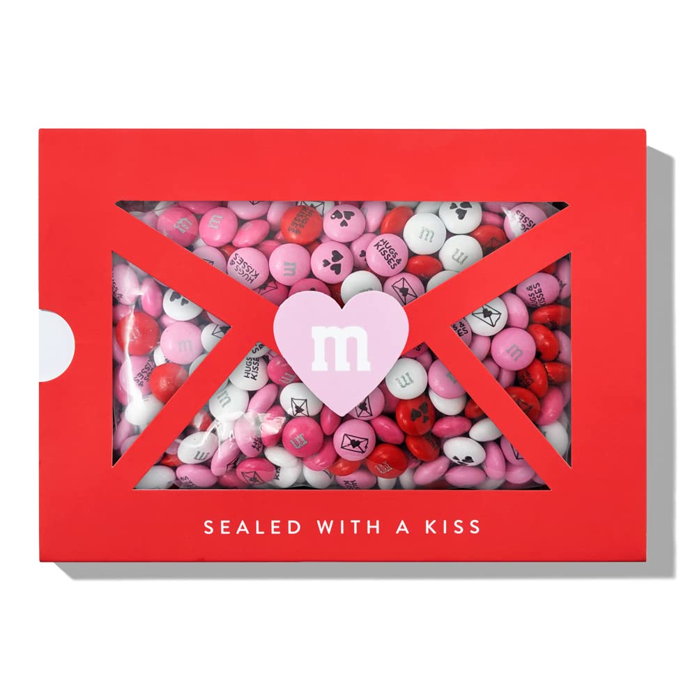 M&M’S WORLD Valentines Day Chocolate Candy Box Sealed With A Kiss Gift 1lb Box with Kisses and Heart Icons
