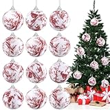 Soulchen 12 Pcs Red and White Christmas Ball Ornaments 2.36 inches French Country Toile Christmas Tree Ornaments Hanging Fabric Wrapped Xmas Decoration for Xmas Party Supplies