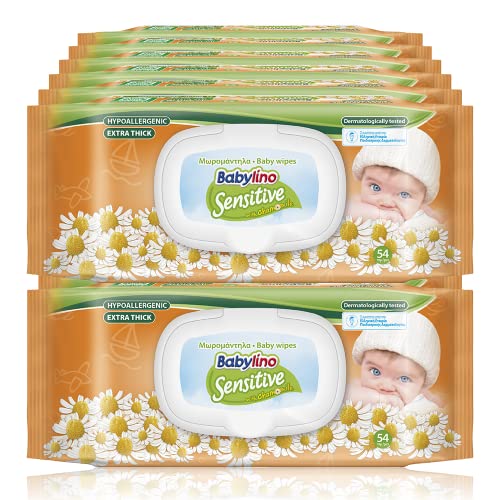 Toallitas Babylino Sensitive con delicada fragancia, fórmula 98 % natural que restaura el pH de la piel, 16 paquetes con cierre para evitar la frescura, 864 toallitas