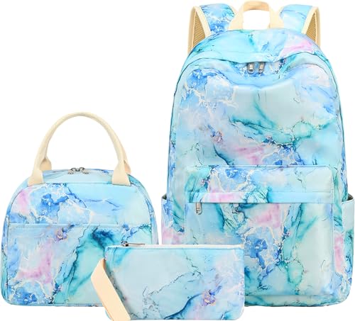 LEDAOU School Backpack for Girls Boys, Kids Backpack with Lunch Box, Bookbag Set Primary School Daypack Elementary for Age 8-12 (Marble Purple)