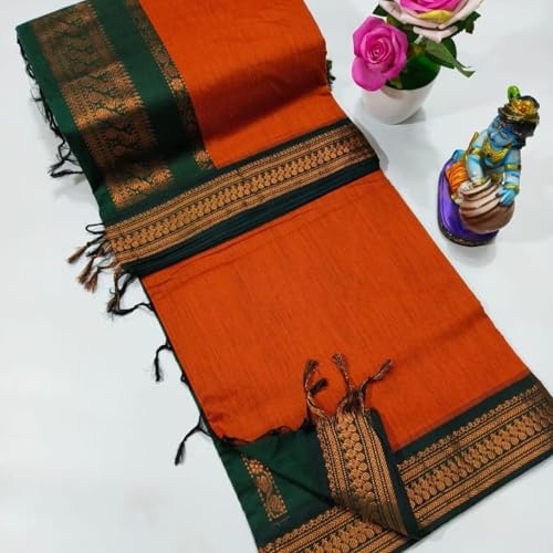 Image of DHIHA Gadwal Cotton Saree for Women | Pure Kalyani Cotton Saree with Zari Border Tassels & Blouse | Kanjivaram Linen Silk | Handloom Weave