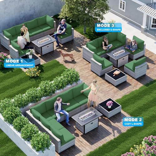 Image of Outdoor PE Wicker Rattan Modular Patio Sectional Sofa Set | 8-Piece: 6 Modular Seats, Coffee Table & 55,000 BTU Fire Pit Table, Dark Green