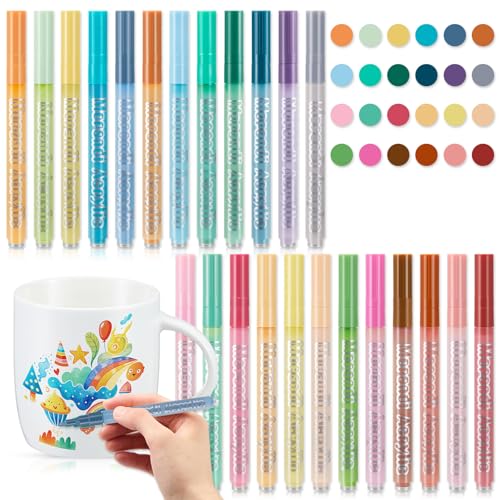 Sinmoe Bolígrafos de Porcelana de 24 Colores Juego de Pintura de Cerámica Bolígrafos a Base de Agua para Lienzo Vidrio Piedra Madera Huevos Decoración Manualidades Bricolaje Pascua
