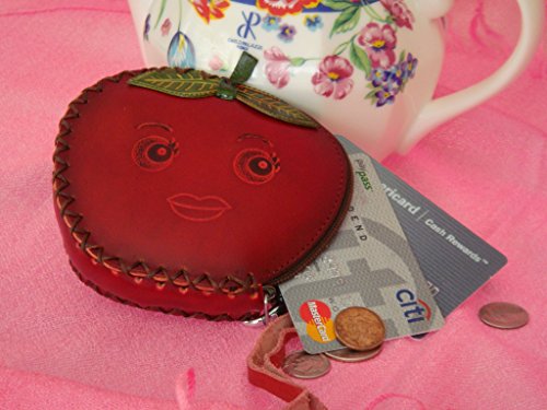 Genuine Leather Fruit Shaped Change Purse, Wristlet Wallet, Unique And Useful. (Red-Apple) #TOP3