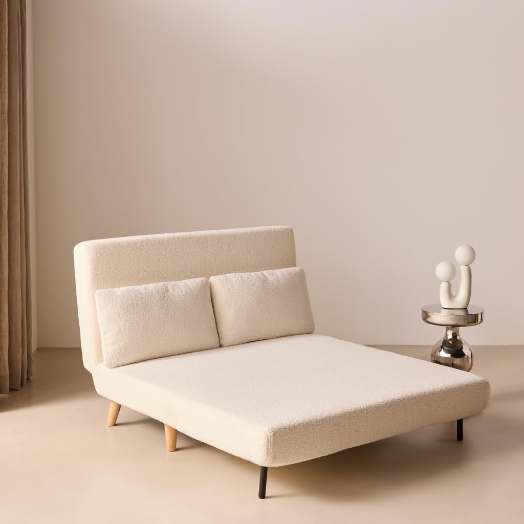 sweeek Divano letto in tessuto bouclé, 2 posti Crema - 120x89x80 cm