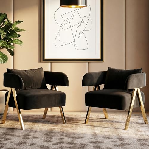 Modern Black Gold Velvet Accent Chairs Set 2 Barrel Armchairs Living Room