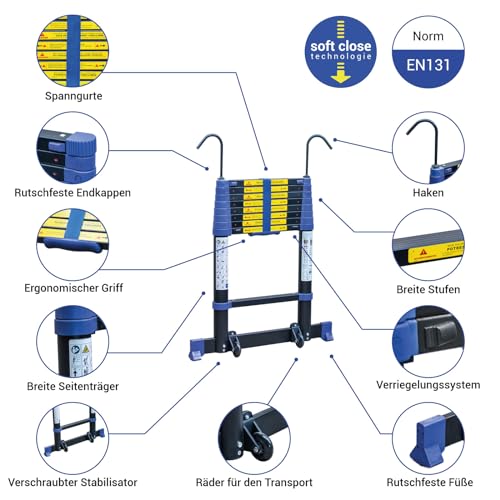 Teleskopleiter 2,6m TELESCOVA8+, Aluminium, Faltbar, Ausziehbar, Multifunktion, Maximale Arbeitshöhe 3,5m, Abnehmbare Haken, 5 Jahre Garantie