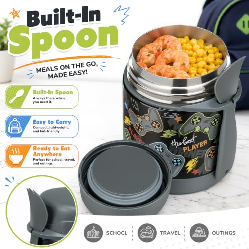 Image of 10oz Soup Thermo for Hot Food Kids,Lunch Thermo Kids Food Jar with Spoon Hot Insulated Food Containers,Leak Proof Stainless Steel Wide Mouth Lunch Food Thermo Jar for School(Black-Game Console)