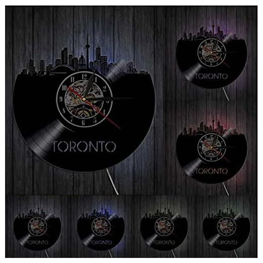 LWXJK Toronto stadsbild horisont konst dekorativ väggklocka modern design Kanada stadsbild vinylskiva 3D hängande tyst klocka dekor
