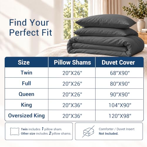 SheRest Prewashed Dark Grey Duvet Cover Queen Size - 3 Pieces, Oeko-TEX Certified, Cotton-Like Polyester, Wrinkle-Free & Ultra Soft, 1 Duvet Cover 90" x 90" & 2 Pillow Shams, Comforter Not Included
