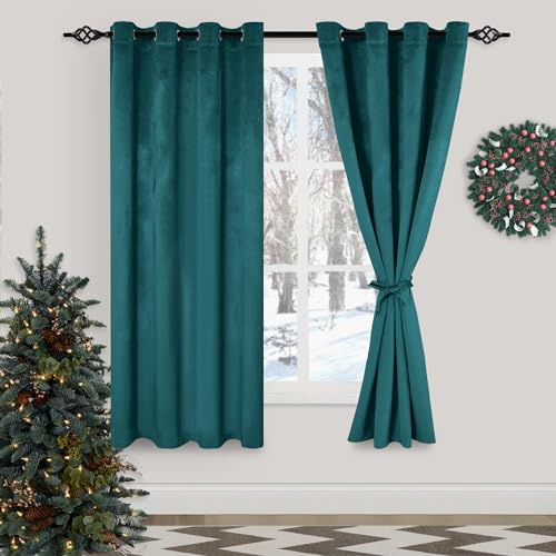 XWZO Teal Velvet Curtains 63 Inches Long, Elegent Soft Luxury Curtains for Living Roon, Thermal Insulated Room Darkening Teal Curtain for Bedroom Decor, Velvet Drapes Set 2 Panels